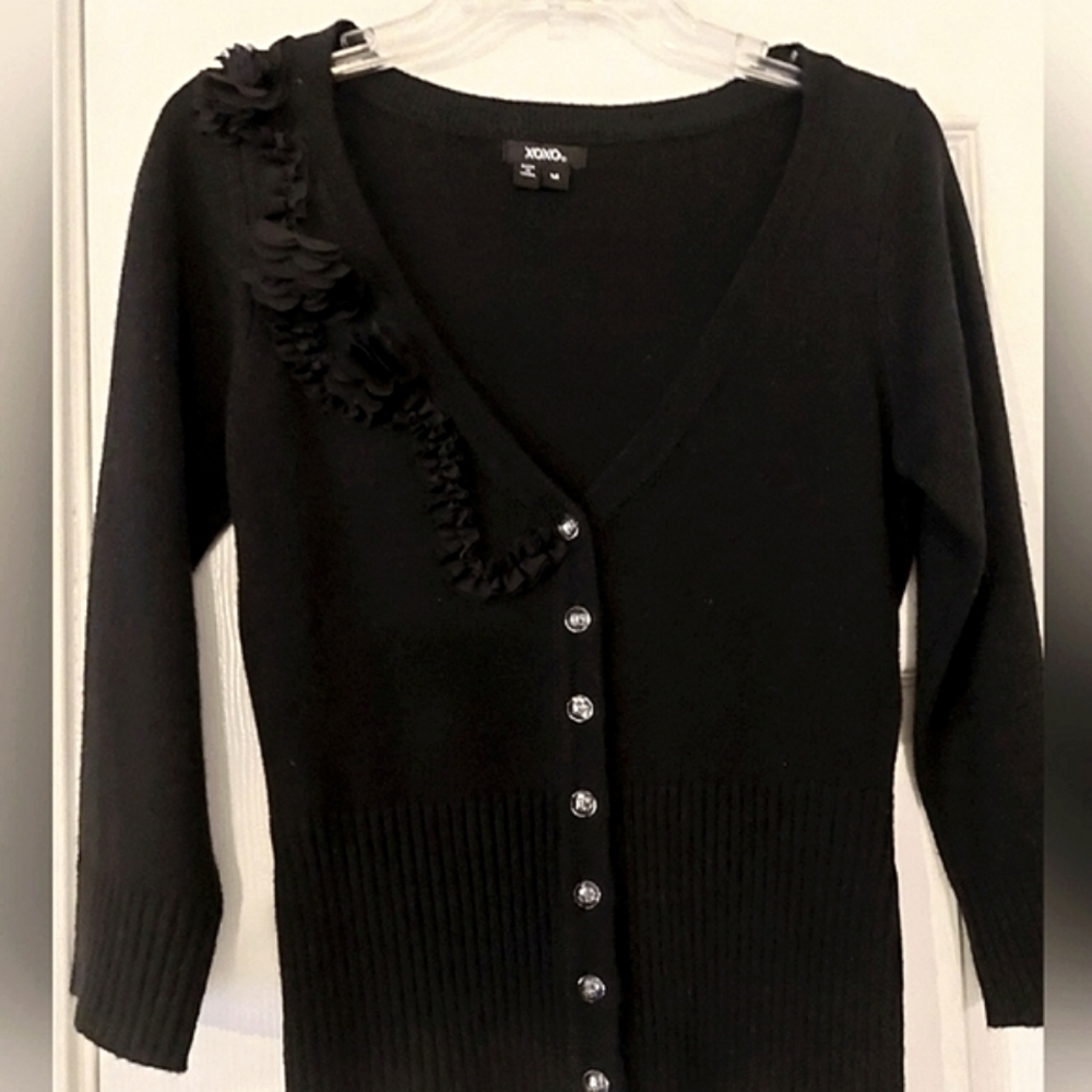 NWOT XOXO Black Rosette detailing V neck clear button up Cardigan size medium